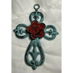 Distressed Metal Cross decoration, turquiose and red flower,  4x 6.25 in. long